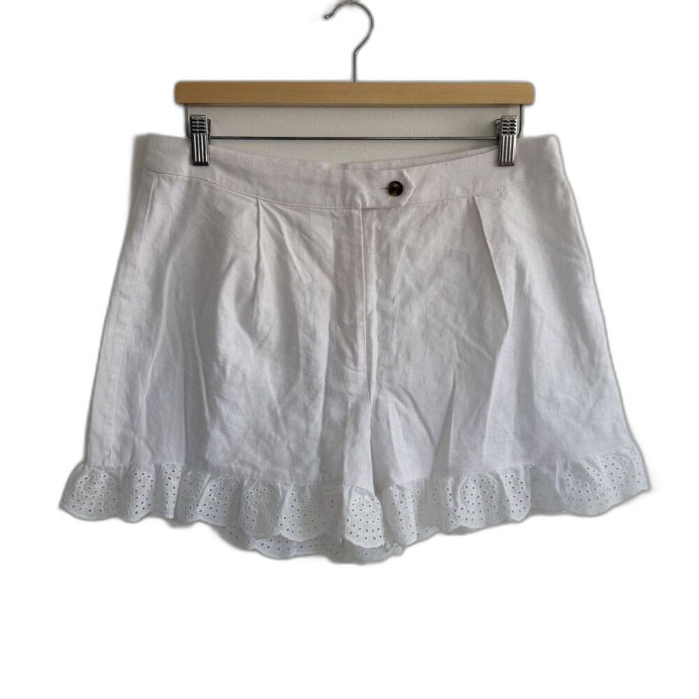 CeCe Womens Size 10 White Linen Blend Eyelet Ruffle Hem Shorts Lined Pleated